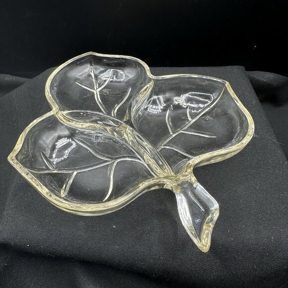 Hazel-Atlas Other - Vintage Hazel Atlas Leaf Divided Relish Dish Clear Glass 3 Section Serving Tray